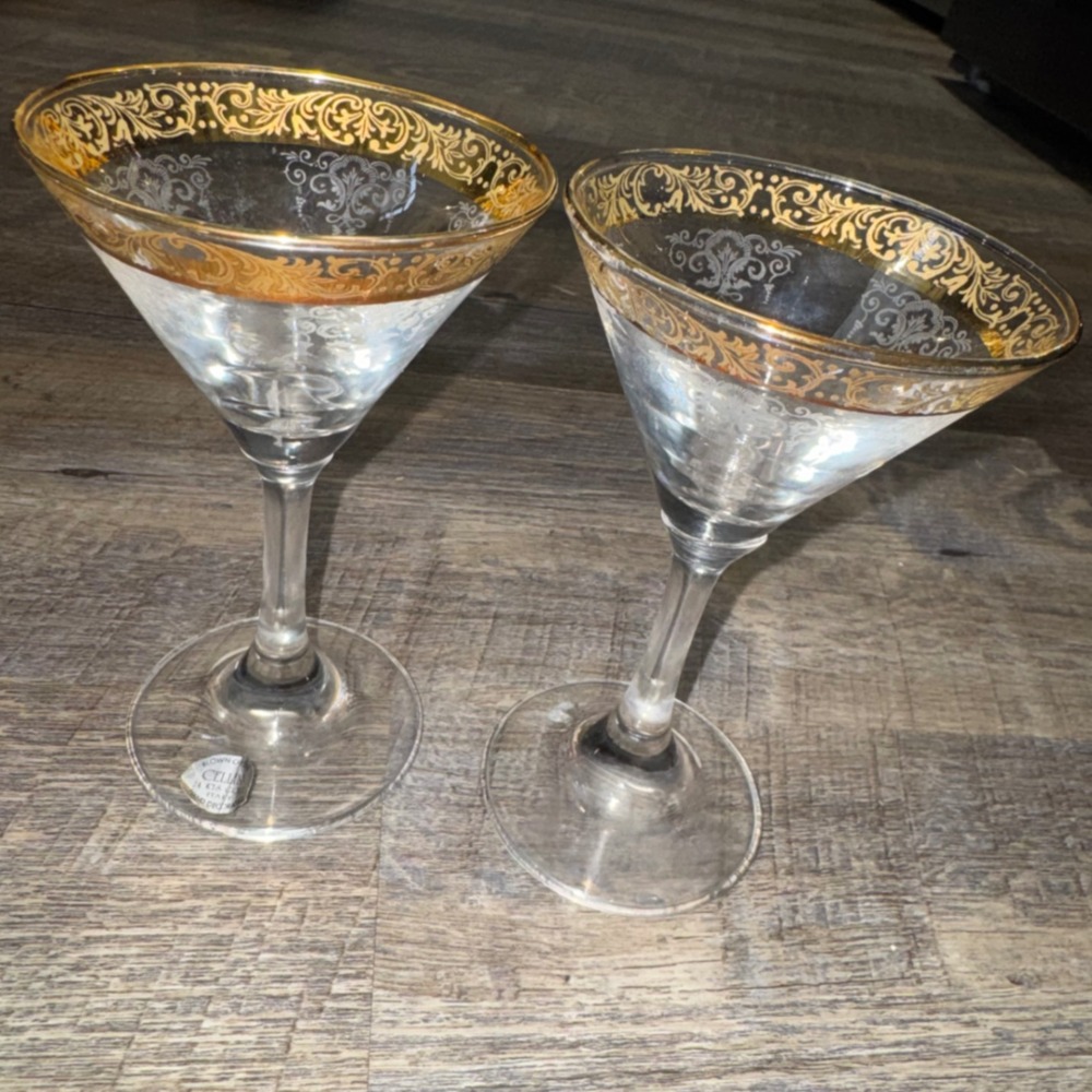 Vintage Cellini Martini Glasses Set 2 24K Gold Crystal Italy Hand Blown Etched